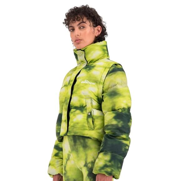 Daily Paper Down Puffer Jacket / Vest Green Tie Dye Womens XL Cropped Streetwear - Picture 2 of 16
